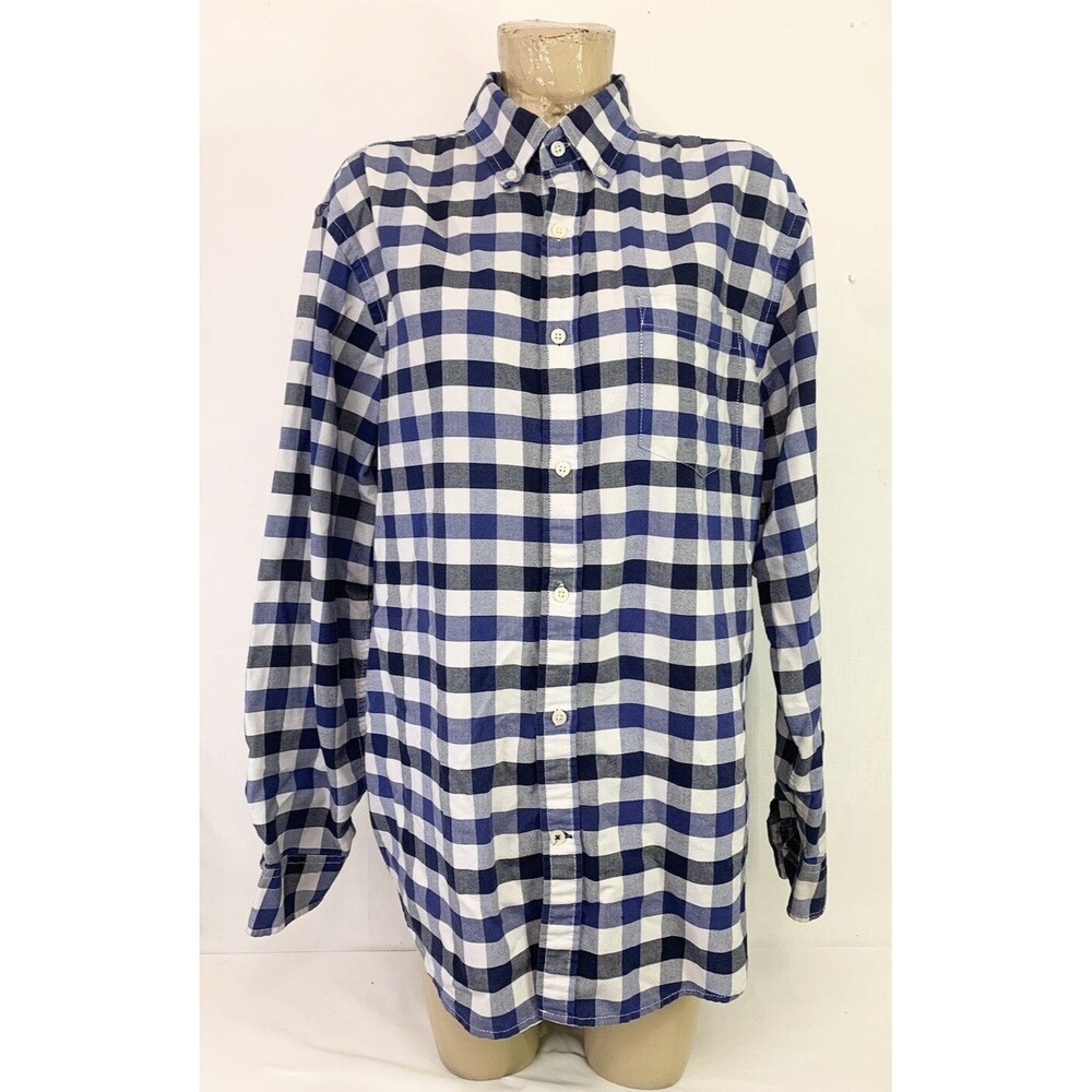 Men’s St. John’s Bay Shirt L Large 50” Button Down Blue White Plaid Casual Work